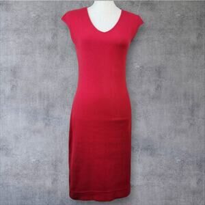 VTG 90s Express Red Knit Dress‎ Womens Sz 4 Cap Sleeve V Neck Minimalist Office